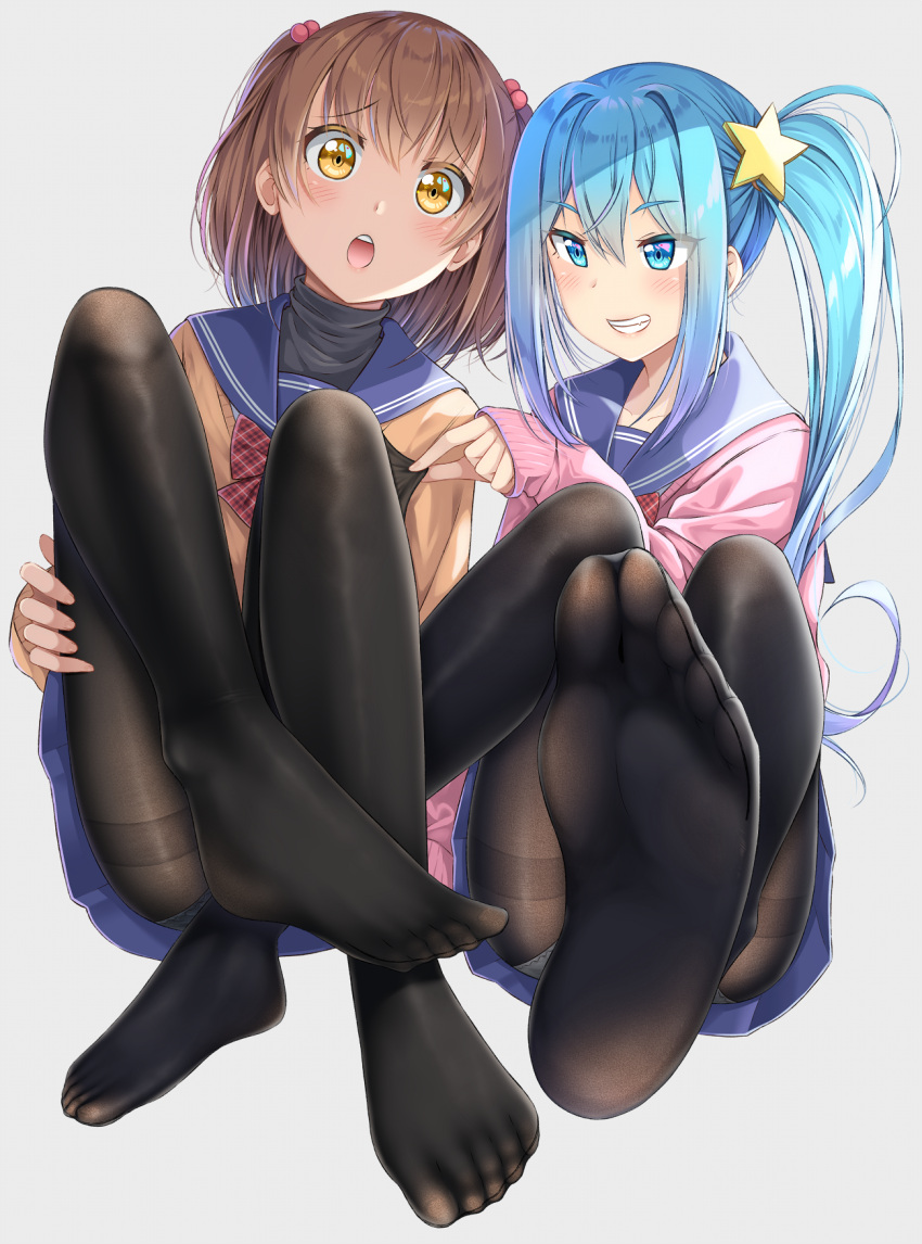 2girls ashida_machi ass bangs blue_eyes blue_hair blue_sailor_collar blue_skirt blush brown_eyes brown_hair brown_legwear brown_sweater collarbone commentary_request eyebrows_visible_through_hair feet fine_fabric_emphasis fingernails grey_background grin gurande_(g-size) gusset hair_between_eyes hair_bobbles hair_ornament head_tilt highres legs long_hair long_sleeves looking_at_viewer multiple_girls no_shoes ooashi_ran open_mouth original panties panties_under_pantyhose pantyhose pantyhose_tug pink_sweater pleated_skirt sailor_collar side_ponytail sidelocks simple_background skirt sleeves_past_wrists smile soles star star_hair_ornament sweater thighband_pantyhose two_side_up underwear upper_teeth very_long_hair white_panties