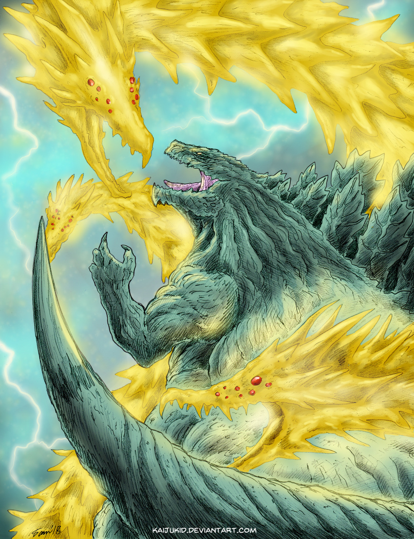 absurdres claws deviantart_username dragon extra_eyes ghidorah_(godzilla:_the_planet_eater) glowing glowing_eyes godzilla godzilla_(series) godzilla_earth gold_skin green_skin highres horns huge_filesize kaijukid kaijuu king_ghidorah lighting long_neck monster multiple_heads no_humans open_mouth red_eyes scales sharp_teeth tail teeth