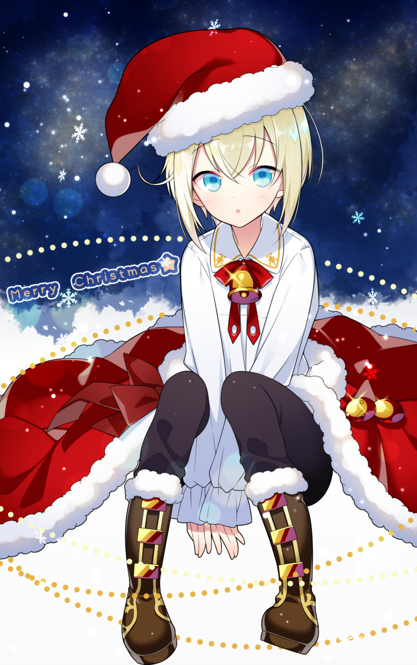 1boy absurdres akemaru bell blonde_hair blue_eyes blush christmas hat highres looking_at_viewer male_focus merry_christmas open_mouth original ribbon santa_costume santa_hat shirt smile solo