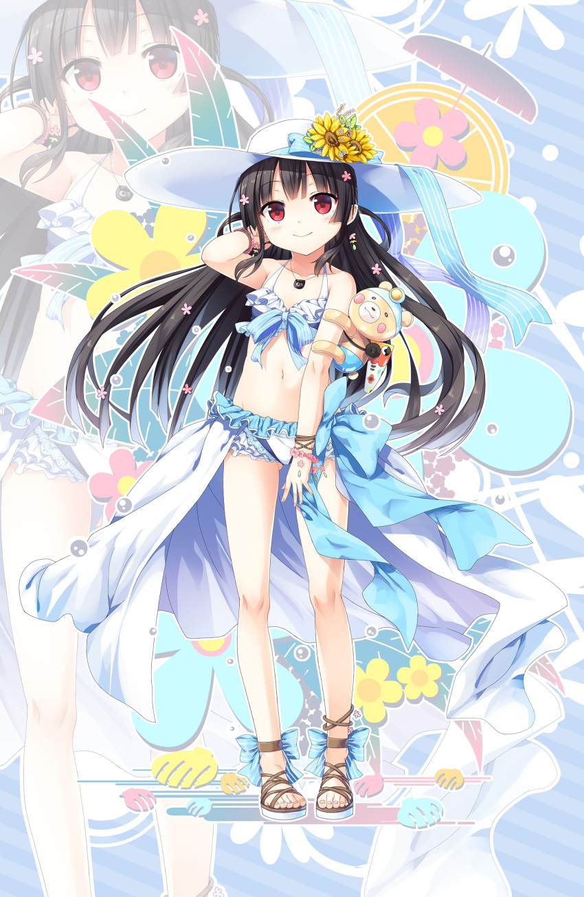 1girl absurdres bangs bare_shoulders bikini blue_bow blush bow brown_hair closed_mouth collarbone cura diagonal-striped_background diagonal_stripes eyebrows_visible_through_hair fanbox_reward fingernails flower frilled_bikini frills full_body groin hachiroku_(maitetsu) hair_flower hair_ornament hand_in_hair hand_up hat hat_bow hat_flower hat_ribbon head_tilt highres jewelry long_hair looking_at_viewer maitetsu navel paid_reward pendant pink_flower red_eyes ribbon sandals smile solo standing striped striped_background striped_bow sun_hat sunflower swimsuit toenails toes very_long_hair white_bikini white_flower white_footwear white_hat yellow_flower zoom_layer
