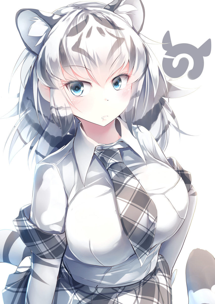 1girl absurdres animal_ears black_hair blue_eyes breast_pocket breasts commentary_request elbow_gloves extra_ears eyebrows_visible_through_hair fang fang_out frown gloves hair_between_eyes highres japari_symbol kanzakietc kemono_friends large_breasts looking_at_viewer multicolored_hair necktie plaid plaid_neckwear plaid_skirt plaid_trim pocket shirt short_sleeves silver_hair simple_background skirt solo streaked_hair tail tiger_ears tiger_tail upper_body v-shaped_eyebrows white_background white_shirt white_tiger_(kemono_friends) white_tiger_print