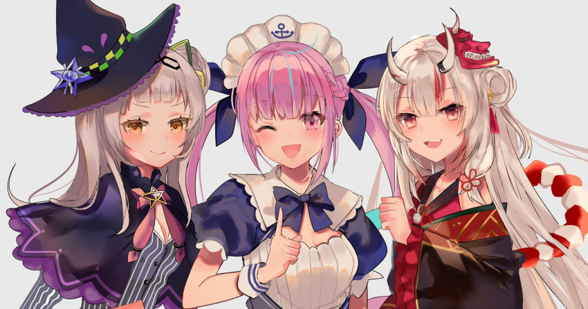 3girls anchor_symbol breasts capelet cleavage clenched_hand commentary_request drill_hair hair_bun hair_ornament hat highres hololive horns japanese_clothes long_hair looking_at_viewer maid_headdress mask mask_on_head minato_aqua multiple_girls murasaki_shion nakiri_ayame one_eye_closed ribbon silver_hair simple_background twin_drills twintails virtual_youtuber witch_hat