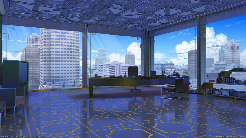 arsenixc artist_name blue_sky building cable chair city cityscape clouds cloudy_sky commentary_request computer day desk_lamp highres indoors lamp laptop no_humans office office_chair original reflection reflective_floor scenery shelf sky skyline skyscraper table television watermark window