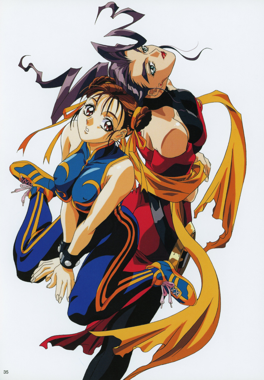 2girls absurdres bare_shoulders black_hair breasts brown_eyes brown_hair capcom chun-li double_bun dress green_eyes hagoromo highres large_breasts multiple_girls rose_(street_fighter) shawl simple_background single_hair_intake skin_tight street_fighter street_fighter_zero_(series) unitard yokota_mamoru