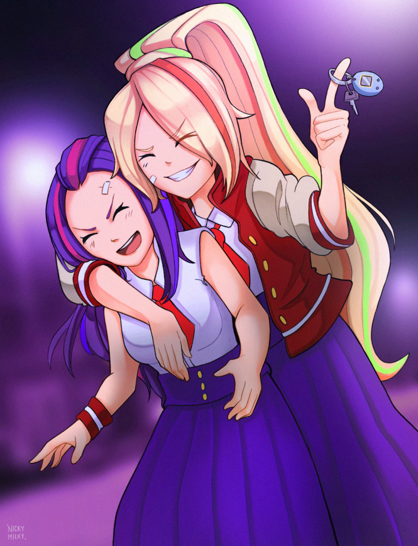 2girls arm_around_shoulder blonde_hair blue_hair cuts eyebrows_visible_through_hair eyes_visible_through_hair hair_over_one_eye highres injury jacket key kirishima_reiko_(zombie_land_saga) letterman_jacket long_hair multicolored_hair multiple_girls necktie nickymilky nikaidou_saki pink_hair pleated_skirt ponytail purple_hair skirt smile streaked_hair tamagotchi tamagotchi_(toy) tape teeth wristband zombie_land_saga