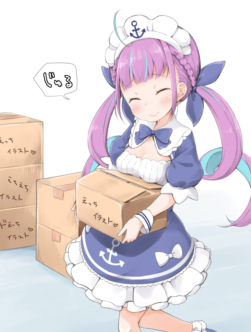 1girl ahoge anchor_symbol blush box braid breasts breasts_on_box cardboard_box closed_eyes commentary_request drill_hair frilled_skirt frills hair_ribbon highres hololive long_hair maid_headdress medium_breasts minato_aqua multicolored_hair pirason purple_hair ribbon saliva simple_background skirt solo twin_drills twintails virtual_youtuber white_background