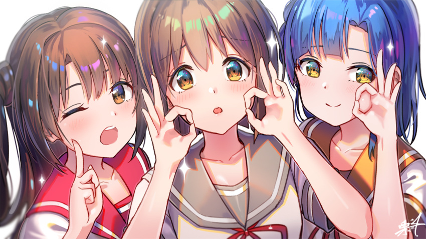 3girls bangs blue_hair brown_eyes brown_hair brown_sailor_collar closed_mouth commentary_request eyebrows_visible_through_hair girl_sandwich hagiwara_yukiho hair_between_eyes hand_up hands_up idolmaster idolmaster_million_live! kuri_choko long_hair multiple_girls nanao_yuriko neck_ribbon ok_sign one_eye_closed one_side_up open_mouth parted_lips red_ribbon red_sailor_collar ribbon sailor_collar sandwiched shimamura_uzuki shirt short_sleeves signature simple_background smile white_background white_shirt