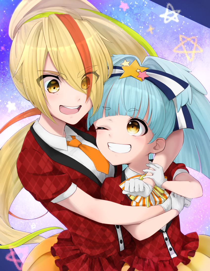 2girls absurdres age_difference blonde_hair blue_hair eyebrows_visible_through_hair eyes_visible_through_hair gloves green_hair hair_ornament hair_over_one_eye highres hoshikawa_lily hug hug_from_behind idol long_hair multicolored_hair multiple_girls necktie nikaidou_saki open_mouth orange_hair ponytail puffy_short_sleeves puffy_sleeves ribbon short_sleeves skirt smile star star_hair_ornament streaked_hair to-ka-to-ka twintails yellow_eyes zombie_land_saga