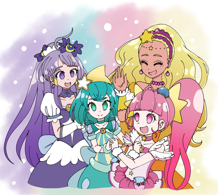 4girls amamiya_erena bead_necklace beads blonde_hair choker closed_eyes cure_milky cure_selene cure_soleil cure_star dark_skin earrings gloves hagoromo_lala highres hikaji hoshina_hikaru jewelry kaguya_madoka magical_girl multiple_girls necklace planet_hair_ornament precure sleeveless star_twinkle_precure