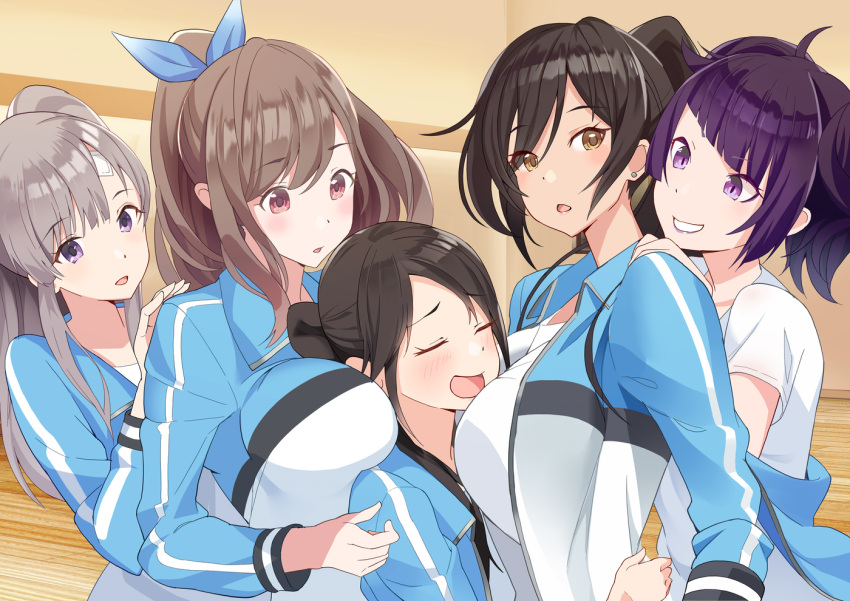 5girls :d :o =_= ahoge bandage_on_face bangs black_hair blue_jacket blue_ribbon blunt_bangs blush breasts brown_eyes brown_hair earrings eyebrows_visible_through_hair grin hair_ribbon hand_on_another's_shoulder head_tilt hug idolmaster idolmaster_shiny_colors indoors jacket jewelry large_breasts long_hair long_sleeves looking_at_another mitsumine_yuika multiple_girls one_side_up open_clothes open_jacket open_mouth parted_lips ponytail purple_hair red_eyes ribbon sandwiched shirase_sakuya shirt short_hair short_sleeves sidelocks silver_hair smile tanaka_mamimi teeth tomato_(madanai_the_cat) track_jacket tsukioka_kogane twintails upper_body v-shaped_eyebrows violet_eyes white_shirt wing_collar yuukoku_kiriko
