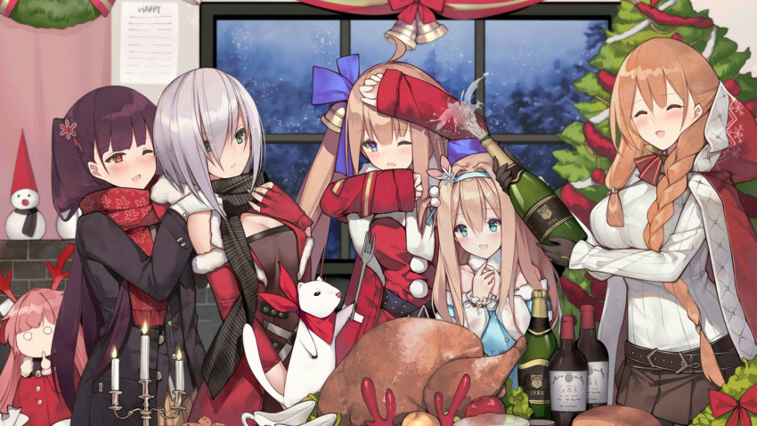 6+girls alcohol alternate_costume animal_costume apple blue_eyes blush bottle breasts brown_hair candle candlestand champagne christmas christmas_ornaments christmas_tree cleavage cloak closed_eyes fal_(girls_frontline) ferret fingernails food fork fruit girls_frontline green_eyes highres hood hooded_cloak large_breasts long_hair m1903_springfield_(girls_frontline) medium_breasts mg5_(girls_frontline) multiple_girls ntw-20_(girls_frontline) official_art open_mouth pink_hair potato purple_hair red_eyes reindeer_costume santa_costume scarf short_hair silver_hair smile suomi_kp31_(girls_frontline) sweater turkey_(food) wa2000_(girls_frontline) window wine_bottle