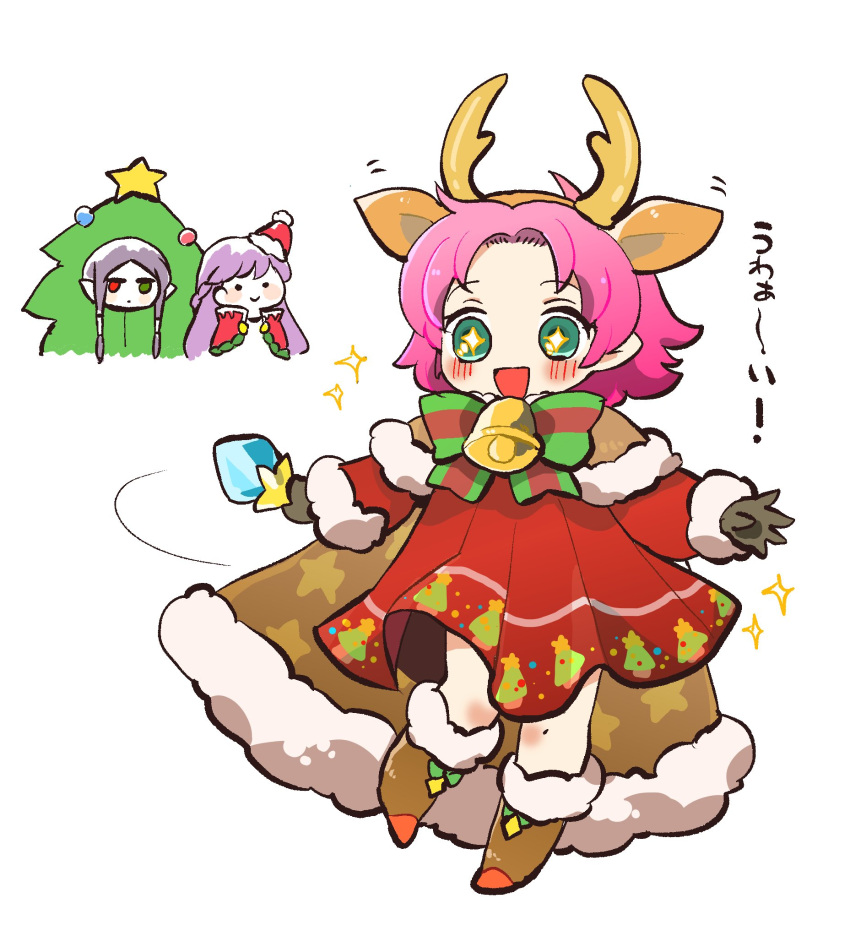 +_+ 3girls antlers bell boots bow cape christmas_tree_costume closed_mouth dress fa fire_emblem fire_emblem:_fuuin_no_tsurugi fire_emblem_heroes fur_trim gloves green_eyes grey_hair hat heterochromia highres idoun long_hair long_sleeves mamkute multiple_girls nintendo open_mouth pointy_ears pom_pom_(clothes) purple_hair red_eyes red_hat reindeer_antlers santa_hat short_hair simple_background smile sofiya white_background yomico_2gou