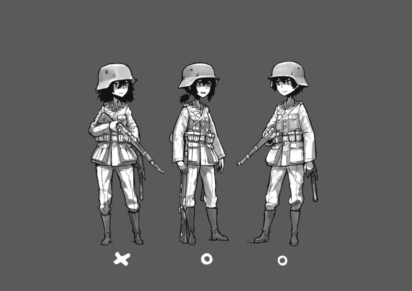 3girls ammunition_pouch boots commentary english_commentary erica_(naze1940) gun helmet military military_uniform multiple_girls original pouch rifle simple_background soldier standing uniform weapon world_war_ii