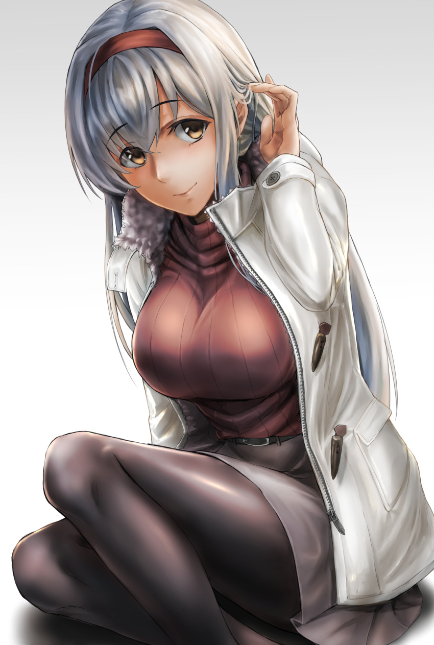 1girl adjusting_hair alternate_costume bangs belt black_legwear blush breasts brown_eyes buckle closed_mouth coat eyebrows_visible_through_hair fur-trimmed_coat fur_trim grey_skirt hairband highres kantai_collection kokuzoo large_breasts long_hair looking_at_viewer maroon_sweater open_clothes open_coat pantyhose red_hairband ribbed_sweater shoukaku_(kantai_collection) sidelocks silver_hair simple_background sitting skirt smile solo sweater turtleneck turtleneck_sweater unzipped white_background white_coat zipper