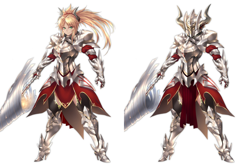 1girl alternate_costume armor armored_boots black_legwear blonde_hair boots breastplate commentary_request eyebrows_visible_through_hair fate/grand_order fate_(series) faulds full_armor gauntlets green_eyes hair_ornament hair_scrunchie helmet highres holding holding_weapon horned_headwear horned_helmet knee_boots lance light_smile long_hair looking_at_viewer messy_hair mordred_(fate) mordred_(fate)_(all) multiple_views nasaniliu older pauldrons polearm ponytail scrunchie simple_background thigh-highs weapon white_background