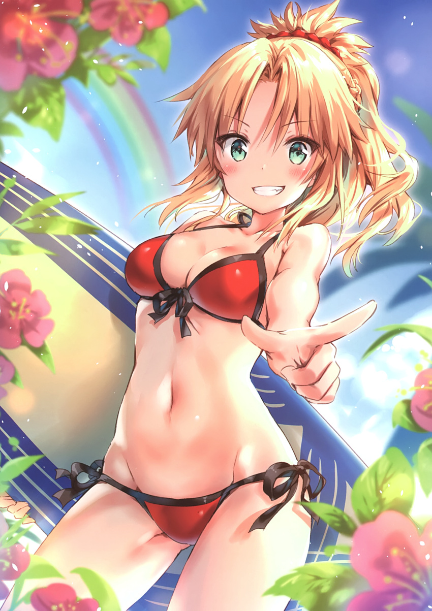 1girl absurdres bikini blonde_hair breasts cleavage day fate/apocrypha fate_(series) flower highres holding looking_at_viewer medium_breasts mordred_(fate) mordred_(fate)_(all) navel outdoors parted_lips rainbow red_bikini riichu saber_of_red scan shiny shiny_hair shiny_skin side-tie_bikini smile surfboard swimsuit