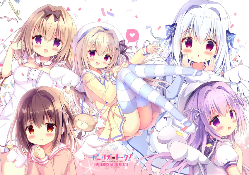 5girls :d animal_bag apron arm_up ass azumi_kazuki bag bangs bear_bag beret black_bow blue_bow blue_dress blush bow breasts brown_eyes brown_footwear brown_shirt center_frills cleavage closed_mouth collared_dress commentary_request detached_sleeves dress eyebrows_visible_through_hair fingernails frilled_apron frills hair_between_eyes hair_bow hair_intakes hair_ornament hair_ribbon hand_on_own_knee hand_up handbag hands_up hat head_tilt heart highres light_brown_hair loafers long_hair long_sleeves looking_at_viewer looking_back mary_janes medium_breasts mini_wings multiple_girls neck_ribbon open_mouth original own_hands_together parted_lips plaid_sailor_collar pleated_skirt puffy_short_sleeves puffy_sleeves purple_hair purple_ribbon purple_sailor_collar red_eyes ribbon sailor_collar school_uniform serafuku shirt shoe_soles shoes short_sleeves shoulder_bag silver_hair skirt sleeves_past_wrists smile snowflakes spoken_blush spoken_heart star striped striped_bow striped_legwear thigh-highs two_side_up very_long_hair violet_eyes white_apron white_dress white_footwear white_hat white_ribbon white_sailor_collar white_shirt white_sleeves white_wings wings x_hair_ornament yellow_shirt yellow_skirt