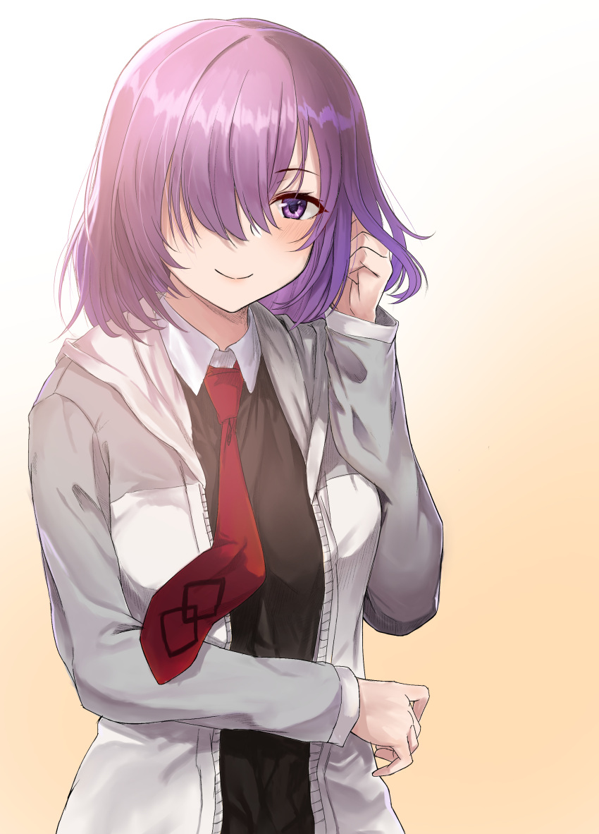 1girl absurdres blush closed_mouth collared_shirt eyebrows_visible_through_hair fate/grand_order fate_(series) gradient gradient_background hair_over_one_eye highres jjeono long_sleeves looking_at_viewer mash_kyrielight necktie purple_hair red_neckwear shirt smile solo violet_eyes wing_collar