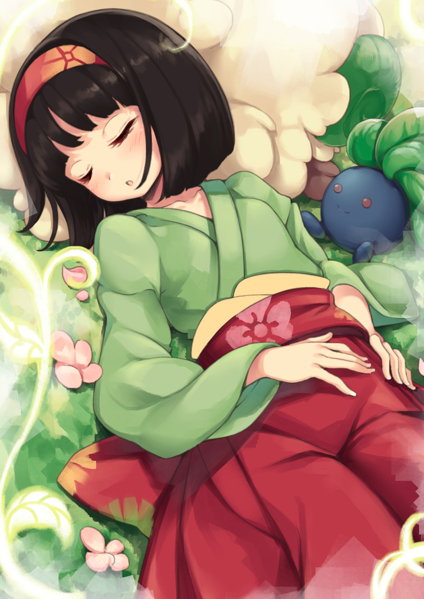 1girl absurdres black_hair closed_eyes creatures_(company) erika_(pokemon) flower game_freak gen_1_pokemon gym_leader hairband hakama hand_on_own_stomach highres japanese_clothes kimono lying maremay0513 nintendo oddish on_back pokemon pokemon_(creature) pokemon_(game) pokemon_lgpe short_hair sleeping solo