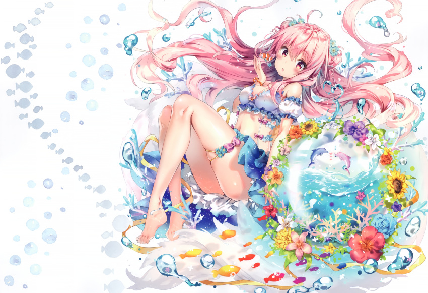 1girl :o absurdres ahoge ass bangs barefoot blue_flower blue_rose blush bow bracelet breasts cleavage coral detached_sleeves dolphin double_bun eyebrows_visible_through_hair fish floating_hair flower frills full_body hair_flower hair_ornament heart hibiscus highres jewelry knees_up long_hair looking_at_viewer medium_breasts navel original parted_lips pink_eyes pink_hair puffy_detached_sleeves puffy_short_sleeves puffy_sleeves reclining ribbon riichu rose scan short_sleeves skindentation skirt solo sunflower thighlet very_long_hair water water_drop yellow_ribbon