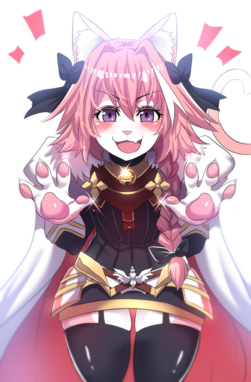 1boy absurdres animal_ears animalization astolfo_(fate) black_bow black_ribbon blush bow braid cat_ears cowboy_shot fate/apocrypha fate/grand_order fate_(series) furrification furry garter_straps hair_intakes hair_ribbon highres hinghoi long_braid looking_at_viewer male_focus multicolored_hair open_mouth paws pink_hair ribbon single_braid smile solo standing streaked_hair tail trap violet_eyes