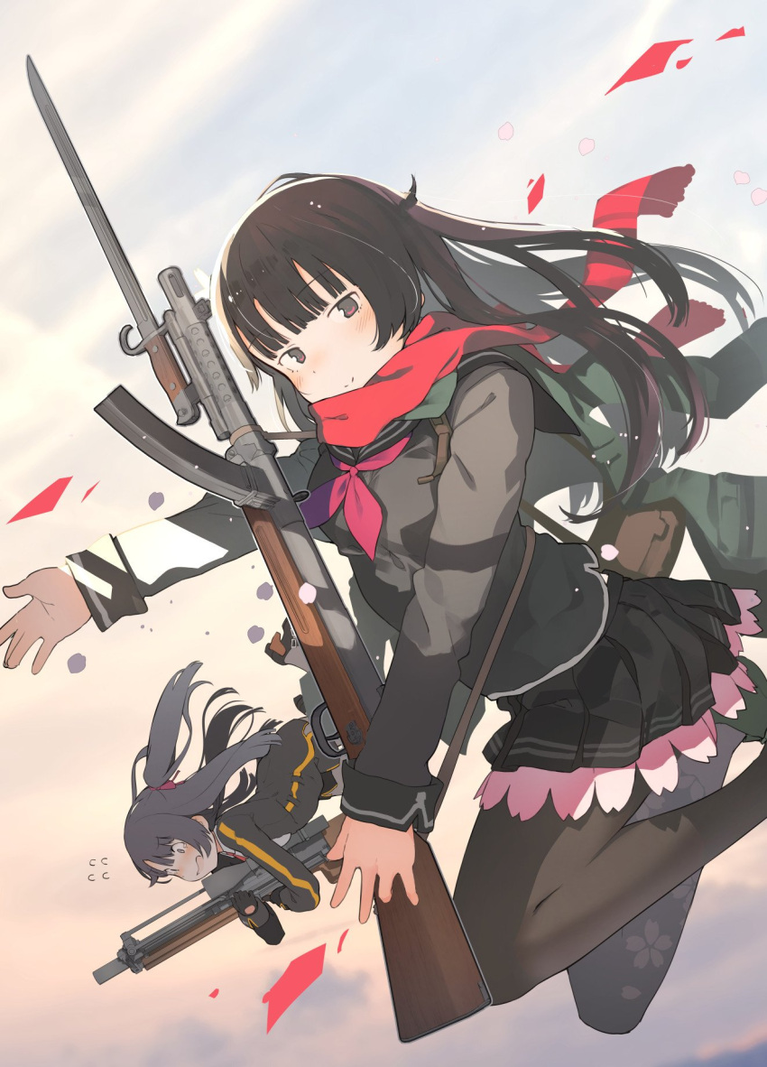 2girls bangs black_hair black_legwear blush bullpup collared_shirt commentary_request eyebrows_visible_through_hair floral_print fuu_fuu girls_frontline green_eyes gun hair_ornament hair_ribbon half_updo high-waist_skirt highres holding long_hair long_sleeves looking_at_viewer multiple_girls necktie one_side_up pantyhose petals pleated_skirt pouch purple_hair red_eyes red_neckwear red_ribbon red_scarf ribbon rifle scarf school_uniform serafuku shirt skirt sling sniper_rifle submachine_gun thighband_pantyhose type_100 type_100_(girls_frontline) wa2000_(girls_frontline) walther walther_wa_2000 weapon