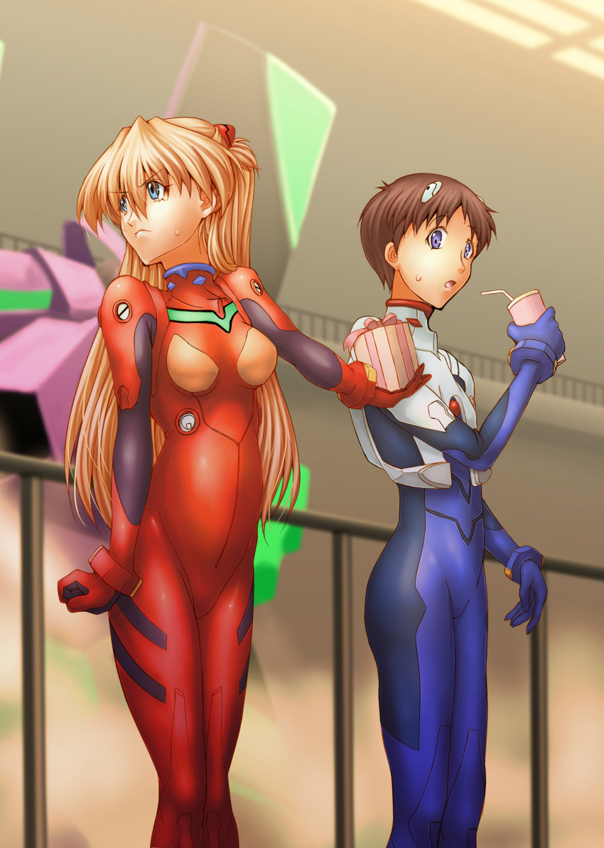 1boy 1girl absurdres blonde_hair blue_bodysuit blue_eyes bodysuit box brown_hair drinking_straw embarrassed eva_01 gift gift_box headpiece highres holding holding_box ikari_shinji indoors long_hair looking_away makka_na_kedamono neon_genesis_evangelion open_mouth plugsuit red_bodysuit souryuu_asuka_langley standing sweatdrop valentine very_long_hair