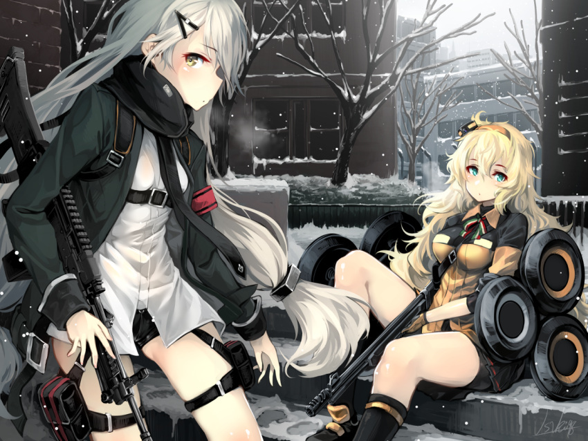 2girls aqua_eyes bangs bare_tree belt belt_pouch between_breasts bike_shorts black_footwear black_jacket black_legwear black_neckwear black_shorts black_skirt blonde_hair breasts breath building bush city cityscape closed_mouth collared_shirt commentary_request cowboy_shot day dress expressionless girls_frontline gloves grey_sky gun h&amp;k_mg4 hair_between_eyes hairband holding holding_gun holding_weapon jacket knee_up kneehighs large_breasts leg_belt legs_apart long_hair long_sleeves looking_at_viewer low_twintails messy_hair mg4_(girls_frontline) miniskirt multiple_girls neck_ribbon necktie open_clothes open_jacket orange_gloves orange_shirt outdoors pouch profile railing ribbon s.a.t.8_(girls_frontline) s.a.t.8_(gun) shirt shoes short_shorts shorts shorts_under_skirt sidelocks signature silver_hair sitting skirt sleeves_folded_up small_breasts snow snowing stairs standing strap striped striped_neckwear thighs tree twintails usuki_(graygreed) very_long_hair weapon white_shirt window winter yellow_eyes