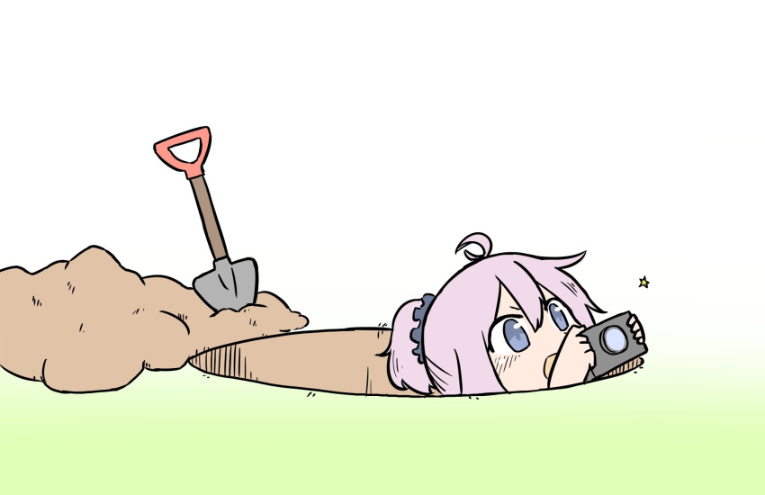 1girl ahoge aoba_(kantai_collection) blue_eyes camera cheno_(amakuchi_mustard) commentary gradient gradient_background hiding highres hole kantai_collection messy_hair open_mouth ponytail purple_hair scrunchie short_hair shovel soil solo upper_body