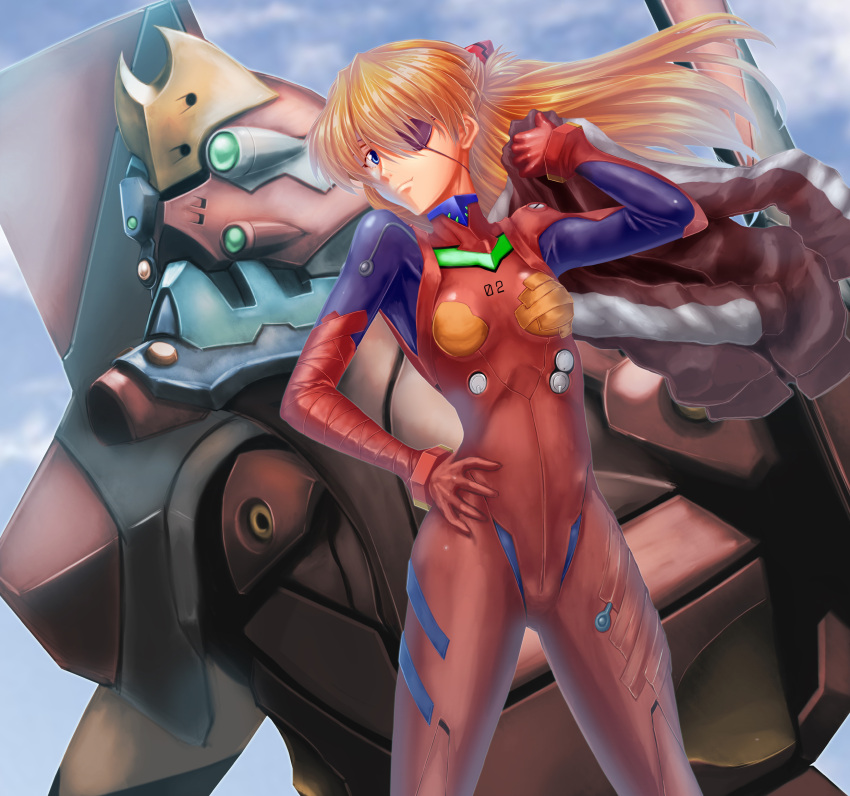 1girl blue_eyes bodysuit breasts brown_hair eva_02 eyepatch floating_hair hair_between_eyes hand_on_hip headpiece highres long_hair makka_na_kedamono neon_genesis_evangelion plugsuit rebuild_of_evangelion red_bodysuit shiny shiny_hair small_breasts solo souryuu_asuka_langley standing