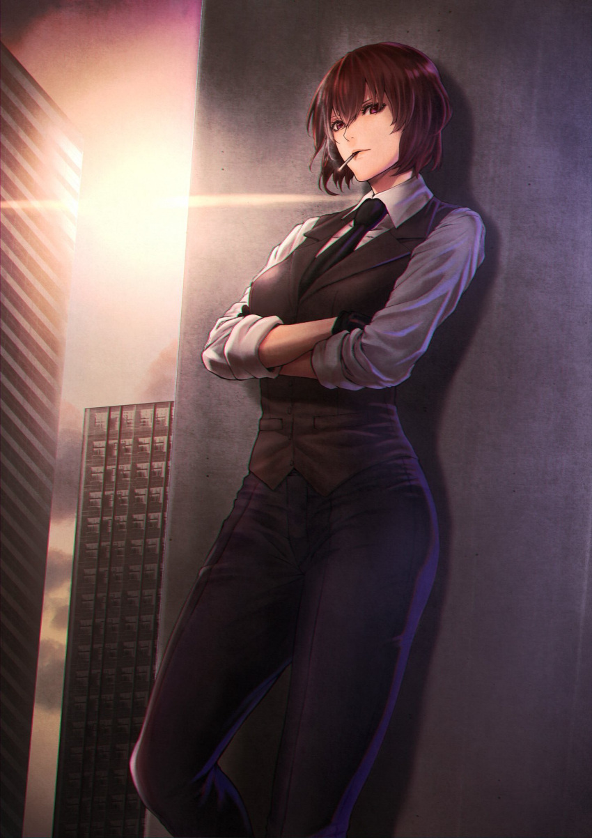 1girl bangs black_gloves black_pants black_vest blue_neckwear brown_hair building character_request cigarette cityscape collared_shirt copyright_request crossed_arms gloves hair_between_eyes highres leaning mouth_hold mugetsu2501 necktie pants shirt short_hair sidelocks sleeves_rolled_up smoking solo sunset vest white_shirt