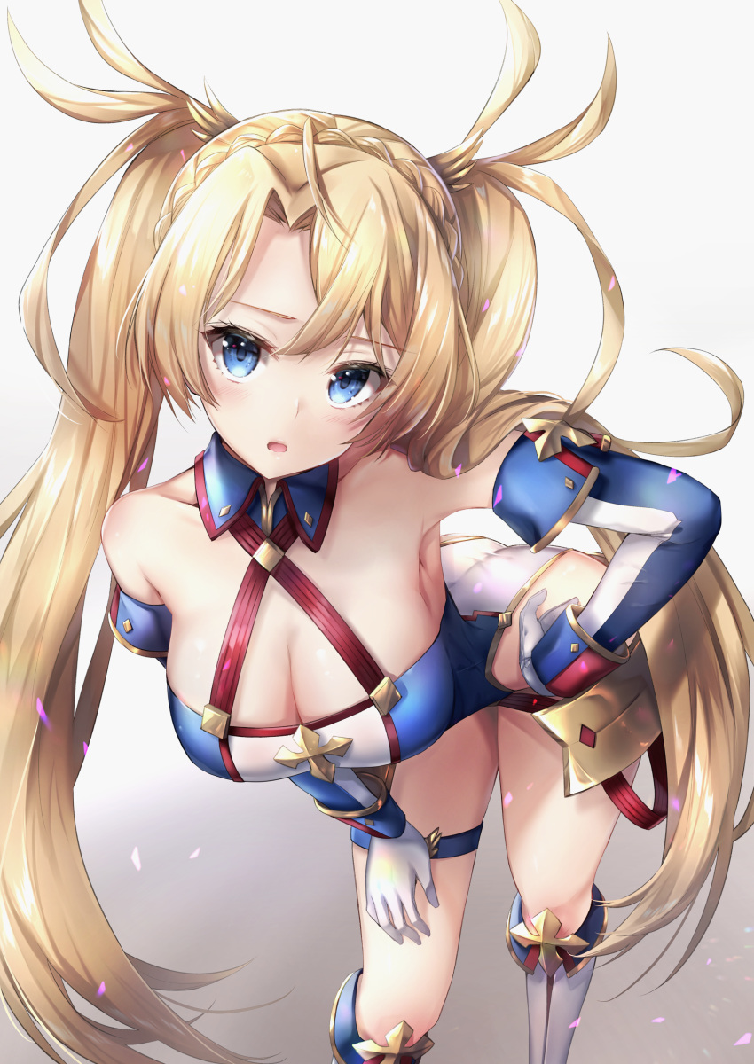 1girl absurdres armor ass bangs bare_shoulders blonde_hair blue_eyes blush boots bradamante_(fate/grand_order) braid breasts cleavage crown_braid elbow_gloves fate/grand_order fate_(series) french_braid gloves gradient gradient_background hair_between_eyes hair_ribbon hand_on_hip hand_on_own_thigh hane_yuki highres knee_boots leaning_forward leotard light_particles long_hair looking_at_viewer medium_breasts multicolored multicolored_clothes open_mouth parted_bangs ribbon sidelocks simple_background solo thigh_strap thighs twintails very_long_hair