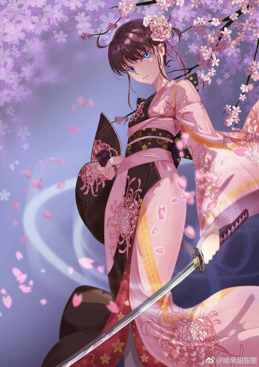 1girl 854757184 absurdres ahoge blue_eyes brown_hair cherry_blossoms eyebrows_visible_through_hair floral_print flower furisode hair_flower hair_ornament highres holding holding_sword holding_weapon japanese_clothes kara_no_kyoukai katana kimono long_sleeves looking_at_viewer obi pink_kimono print_kimono ryougi_shiki sash shiny shiny_hair short_hair solo standing sword weapon white_flower wide_sleeves