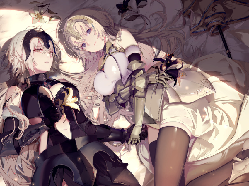 2girls armor bangs bare_shoulders bed_sheet black_flower black_legwear blonde_hair blue_eyes breasts chains cleavage cleavage_cutout closed_mouth elbow_gloves embarrassed fate/grand_order fate_(series) flower fur_trim gauntlets gloves grey_eyes hair_between_eyes hand_holding headpiece holding holding_flower jeanne_d'arc_(alter)_(fate) jeanne_d'arc_(fate) jeanne_d'arc_(fate)_(all) large_breasts lily_(flower) long_hair looking_at_viewer lying metal_gloves multiple_girls multiple_persona navel on_back on_side parted_lips sidelocks skindentation smile tareme thigh-highs tsurime very_long_hair white_flower yukisame