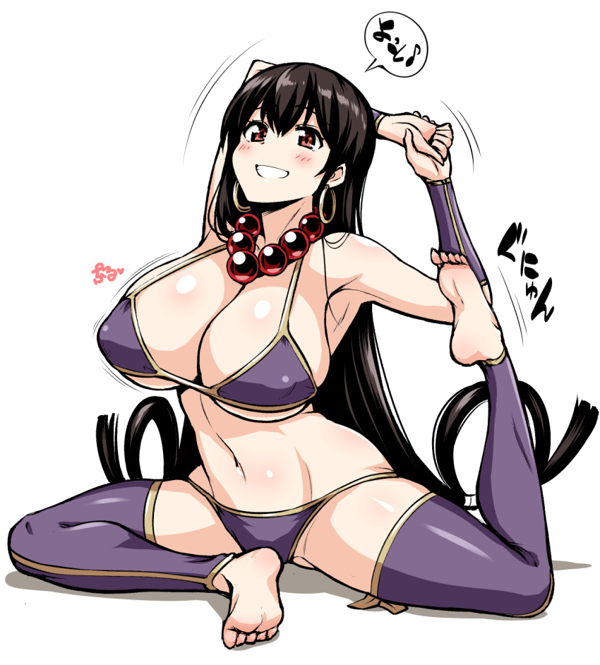 1girl armpits bare_shoulders barefoot bead_necklace beads bikini black_hair blush breasts brown_eyes cleavage collarbone earrings fate/grand_order fate_(series) full_body grin hair_between_eyes highres hoop_earrings jewelry kanno_takanori large_breasts long_hair looking_at_viewer navel necklace purple_bikini purple_legwear simple_background smile solo stomach stretch swimsuit white_background xuanzang_(fate/grand_order) yoga