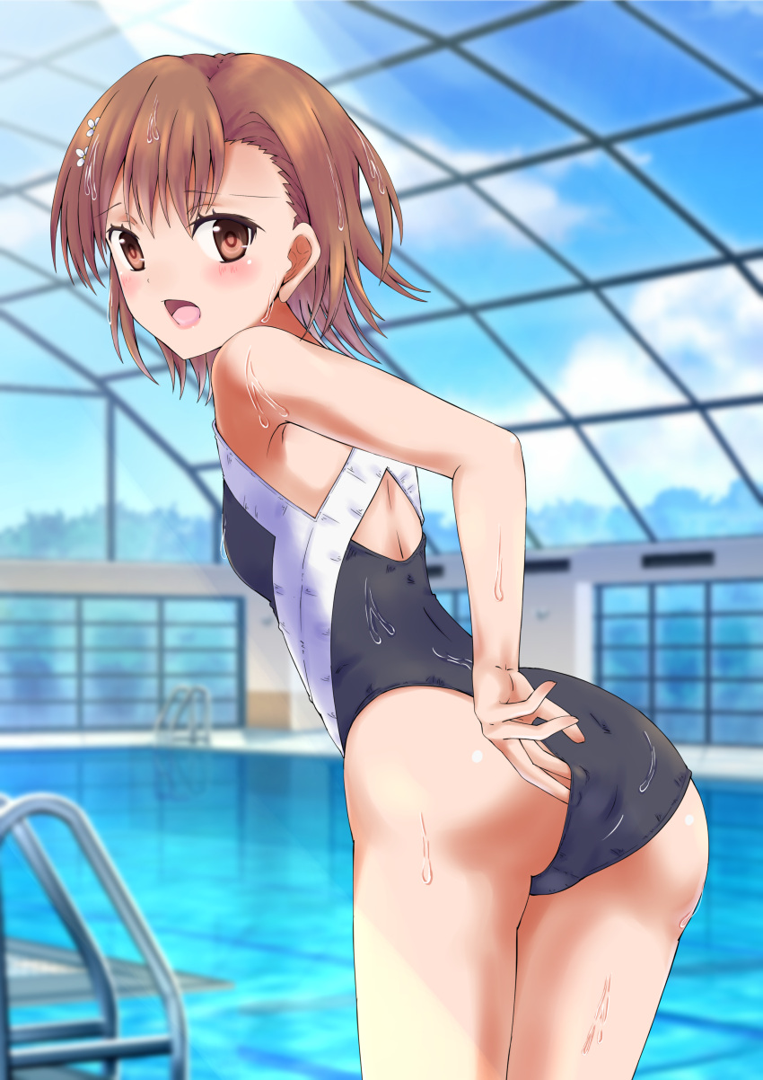 1girl absurdres ass black_swimsuit breasts brown_eyes brown_hair commentary_request competition_swimsuit cowboy_shot from_behind hair_ornament hairclip highres indoors looking_at_viewer looking_back misaka_mikoto one-piece_swimsuit open_mouth pool pool_ladder short_hair small_breasts solo standing swimsuit to_aru_kagaku_no_railgun to_aru_majutsu_no_index tounaeu2517 wet wet_clothes wet_swimsuit