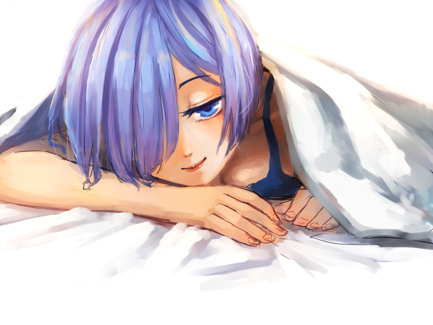 1girl bangs bare_shoulders bed bed_sheet blanket blue_eyes blue_hair blush breasts cleavage closed_mouth detached_sleeves eyebrows_visible_through_hair hair_between_eyes hair_over_one_eye half-closed_eyes highres leegq lips lipstick looking_at_viewer lying makeup medium_breasts on_bed on_stomach re:zero_kara_hajimeru_isekai_seikatsu red_lipstick rem_(re:zero) seductive_smile shiny shiny_hair short_hair simple_background smile smirk solo under_covers underwear white_background