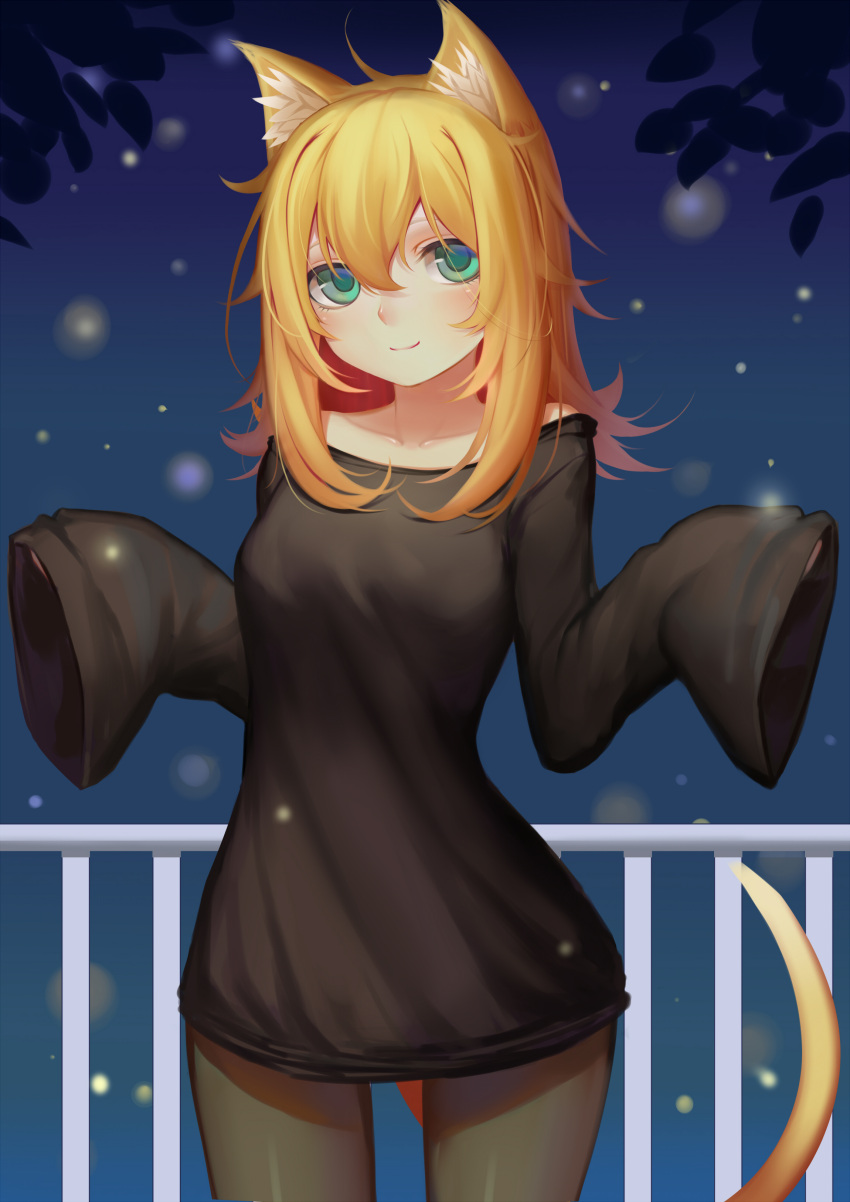 1girl absurdres animal_ears aqua_eyes black_legwear blonde_hair blue_background blush cat_ears cat_tail closed_mouth collarbone comic cowboy_shot fireflies highres long_hair long_sleeves looking_at_viewer messy_hair night original pantyhose revision shrug sleeves_past_wrists smile solo sonikey0_0 tail thigh_gap wide_hips wide_sleeves