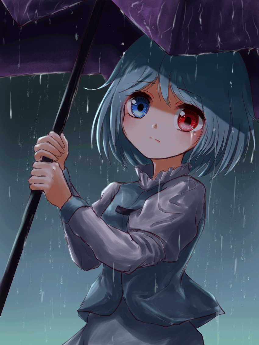 1girl blue_eyes blue_hair blue_skirt blue_vest commentary_request crying crying_with_eyes_open expressionless eyebrows_visible_through_hair gradient gradient_background grey_background head_tilt heterochromia highres holding holding_umbrella juliet_sleeves kayon_(touzoku) long_sleeves looking_at_viewer puffy_sleeves rain red_eyes shirt short_hair sketch skirt solo standing tatara_kogasa tears touhou umbrella upper_body vest white_shirt