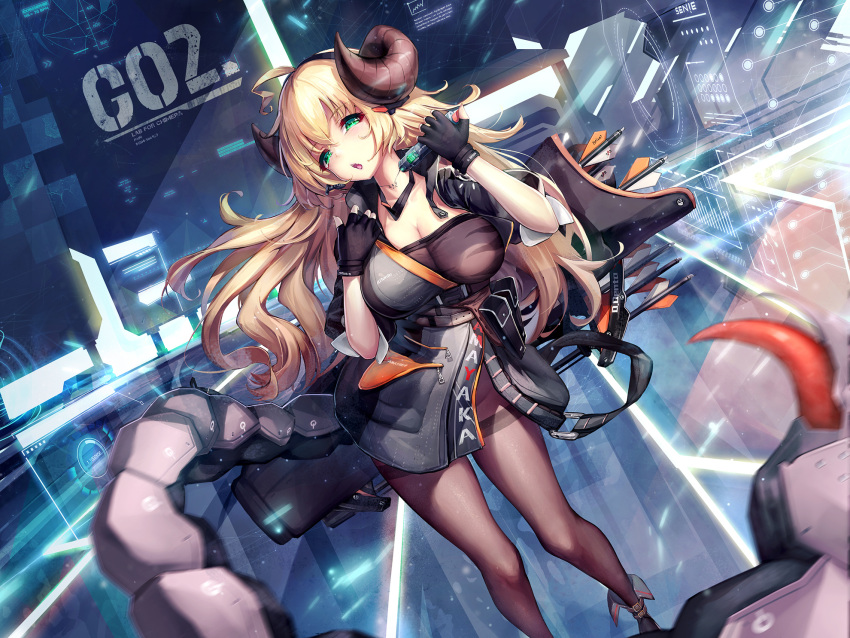 1girl :o arrow black_legwear blonde_hair blurry_foreground breasts cleavage curled_horns dk.senie dutch_angle eyebrows_visible_through_hair fingerless_gloves gloves head_tilt headset highres holographic_interface injection jacket large_breasts long_hair looking_at_viewer motion_blur open_clothes open_jacket original pantyhose quiver science_fiction scorpion_tail short_sleeves solo tail tattoo