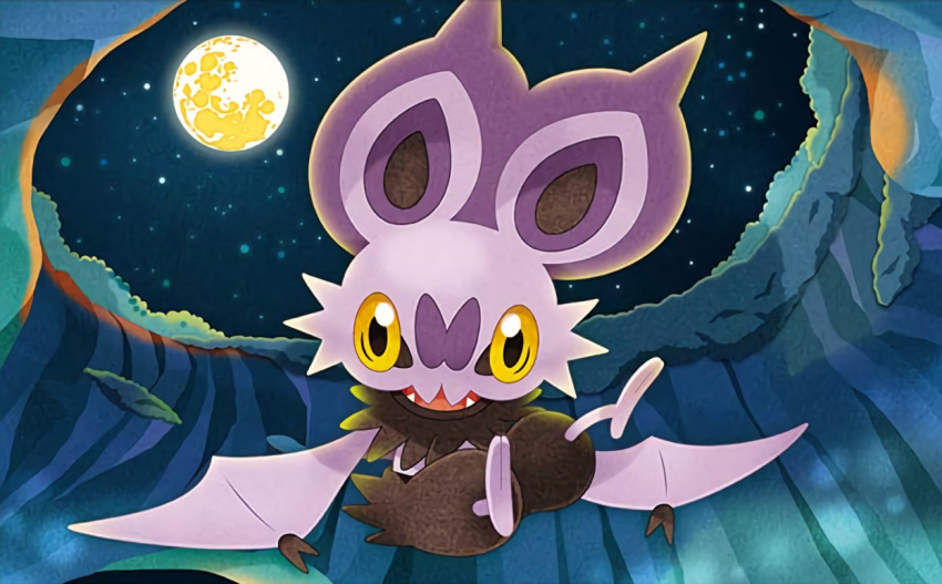 0313 creature fangs flying full_moon gen_6_pokemon looking_at_viewer moon night night_sky no_humans noibat official_art outdoors pokemon pokemon_(creature) pokemon_trading_card_game sky solo star_(sky) starry_sky third-party_source yellow_eyes