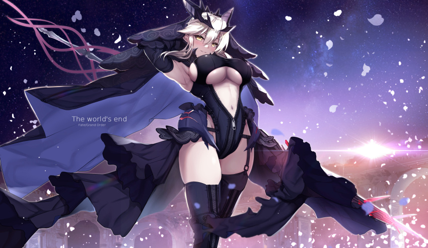 1girl armor armpits artoria_pendragon_(all) artoria_pendragon_(lancer_alter) black_leotard blush breasts commentary_request cosplay elbow_gloves fate/grand_order fate_(series) garter_straps gauntlets gloves hair_ornament hand_up highres holding holding_spear holding_weapon large_breasts leotard looking_at_viewer navel nero_claudius_(bride)_(fate) nero_claudius_(bride)_(fate)_(cosplay) nero_claudius_(fate)_(all) outdoors overskirt pale_skin parted_lips petals polearm rhongomyniad shiny shiny_clothes sidelocks silver_hair simple_background single_garter_strap smile solo spear sunrise thigh-highs under_boob untsue veil weapon zipper zipper_pull_tab