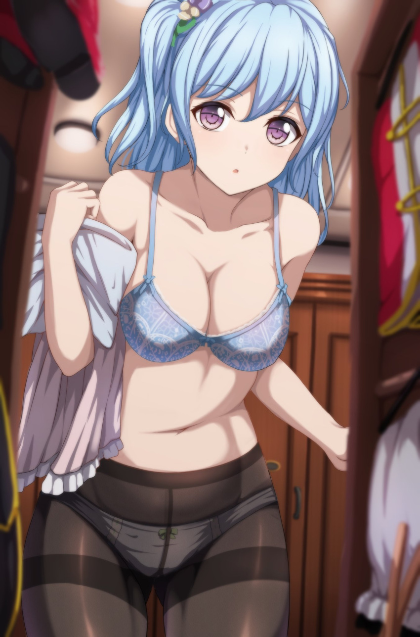 1girl :o ass_visible_through_thighs bang_dream! bangs bare_arms bare_shoulders black_legwear black_panties blouse blue_bra blue_hair blurry blurry_background blurry_foreground bra breasts ceiling_light cleavage collarbone commentary_request cowboy_shot depth_of_field eyebrows_visible_through_hair fine_fabric_emphasis groin hair_ornament highres indoors jacket large_breasts leaning_forward long_hair looking_at_viewer matsubara_kanon narafume navel one_side_up panties panties_under_pantyhose pantyhose parted_lips red_footwear red_jacket shirt_removed shoes_removed sidelocks solo standing stomach thighband_pantyhose underwear violet_eyes wardrobe white_blouse