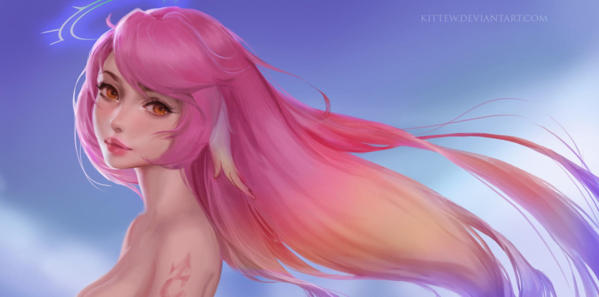 1girl commentary commission daria_leonova gradient_hair halo highres jibril_(no_game_no_life) long_hair looking_at_viewer magic_circle multicolored_hair no_game_no_life orange_eyes parted_lips pink_hair solo tattoo very_long_hair watermark web_address wing_ears