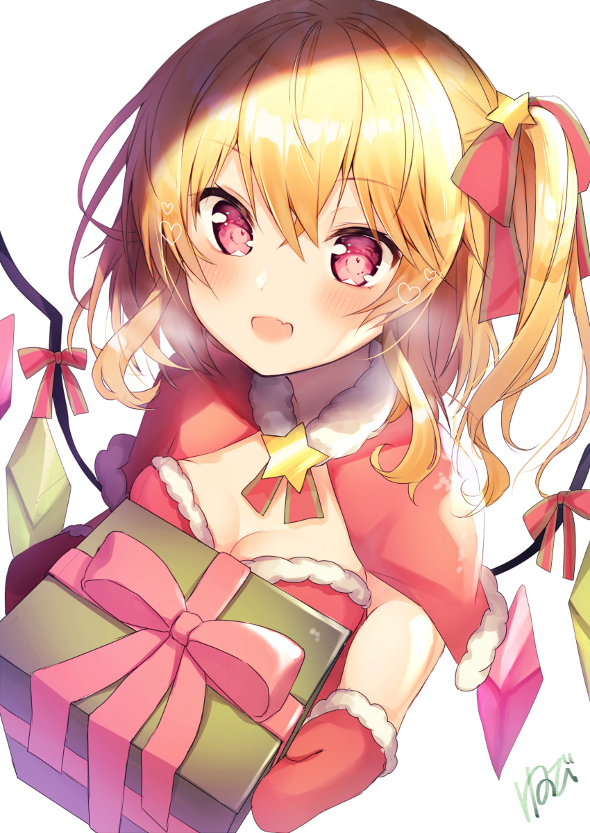 1girl absurdres alternate_costume blonde_hair blush box breasts breath cleavage crystal detached_collar eyebrows_visible_through_hair fang flandre_scarlet fur-trimmed_collar fur-trimmed_mittens fur_trim gift gift_box hair_between_eyes hair_ribbon heart highres holding holding_box looking_at_viewer medium_breasts neck_ribbon nenobi_(nenorium) no_hat no_headwear open_mouth red_mittens ribbon shiny shiny_hair short_hair side_ponytail signature simple_background solo star touhou upper_body white_background wings