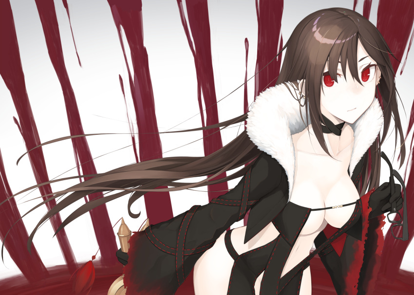 1girl black_gloves black_hair breasts cleavage collarbone consort_yu_(fate) ear_piercing eyewear_removed fate/grand_order fate_(series) fur_trim glasses gloves highres holding holding_sword holding_weapon long_hair looking_at_viewer mikoto_(oi_plus) navel pale_skin piercing red_eyes revealing_clothes solo sword weapon
