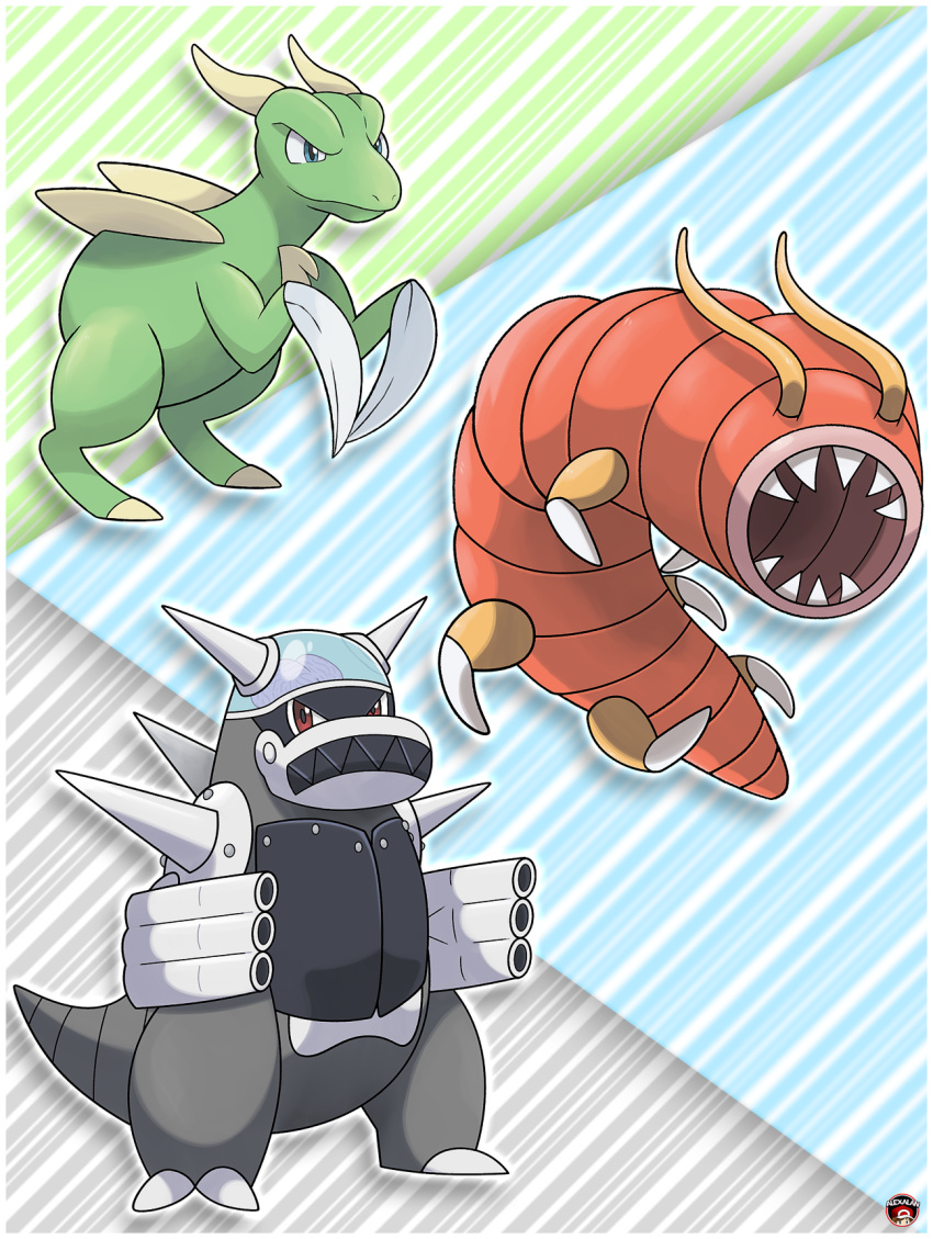 alexalan beta_gyarados beta_pokemon beta_scyther blue_eyes capsule_monsters creatures_(company) game_freak gen_1_pokemon gyarados highres nintendo no_humans omega_(pokemon) pokemon scyther sugimori_ken_(style)