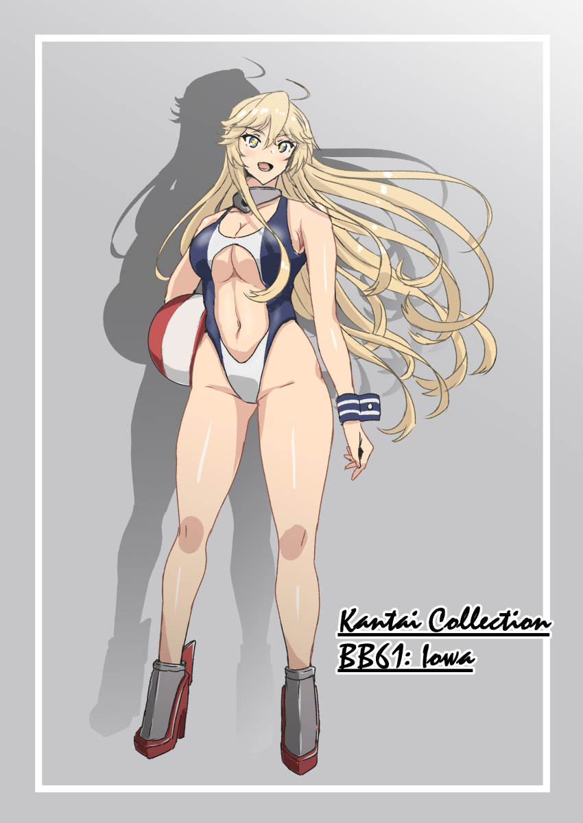 1girl absurdres adapted_costume ahoge blonde_hair blue_eyes boots breasts character_name cleavage contrapposto full_body grey_background guhanshounen highleg highleg_swimsuit highres iowa_(kantai_collection) kantai_collection large_breasts navel_cutout one-piece_swimsuit shadow solo standing star star-shaped_pupils striped striped_swimsuit swimsuit symbol-shaped_pupils two-tone_swimsuit wrist_cuffs