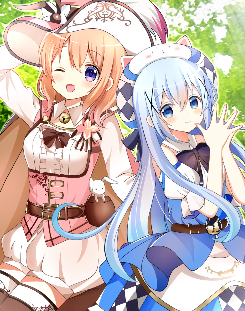 2girls ;d animal animal_ears arm_up bangs bell belt belt_buckle blue_eyes blue_hair blush breasts brown_belt brown_legwear buckle center_frills character_hat closed_mouth commentary_request day detached_collar eyebrows_visible_through_hair frills gochuumon_wa_usagi_desu_ka? hair_between_eyes hair_ornament hands_up hat highres hoto_cocoa jingle_bell kafuu_chino long_hair long_sleeves multiple_girls one_eye_closed open_mouth outdoors own_hands_together pink_hat puffy_shorts rabbit rabbit_ears ryoutan shirt short_shorts shorts small_breasts smile thigh-highs tippy_(gochiusa) underbust very_long_hair white_collar white_shirt white_shorts x_hair_ornament