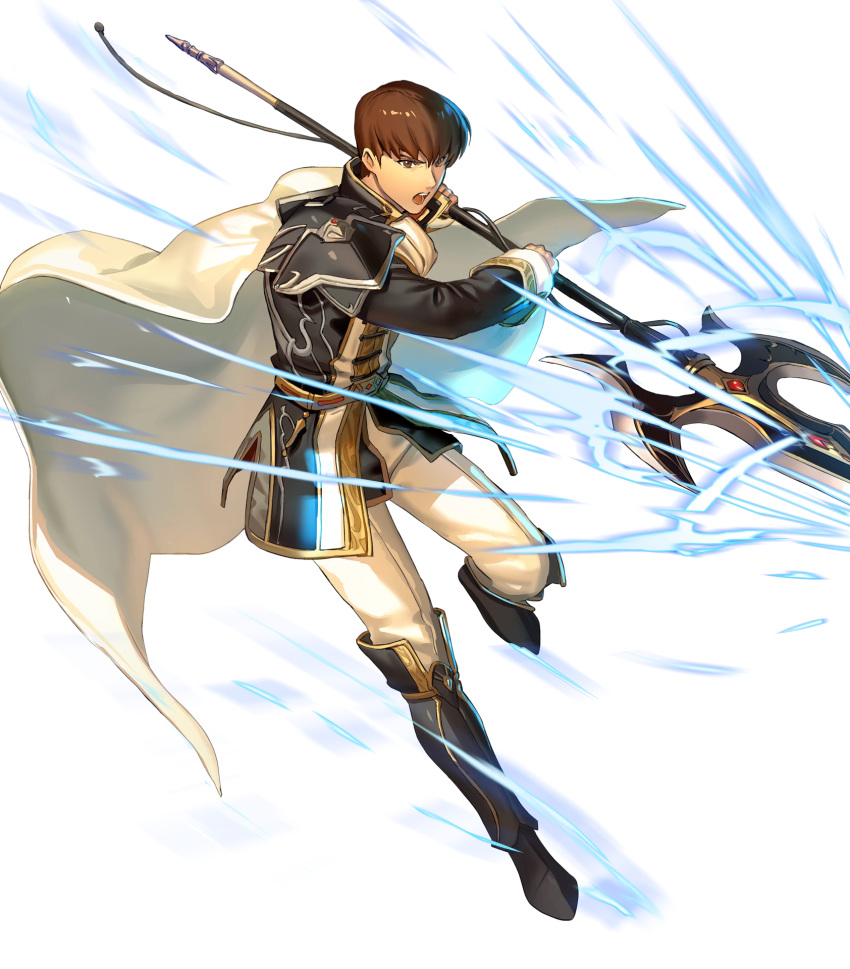 1boy aoji_(aoji-web) armored_boots belt boots brown_eyes brown_hair cape cuan_(fire_emblem) fire_emblem fire_emblem:_seisen_no_keifu fire_emblem_heroes full_body highres male_focus nintendo official_art open_mouth polearm solo spear teeth transparent_background weapon